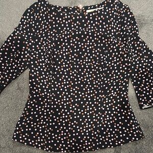 Boden Black  Pink and Brown Polkadot White Fitted Bell Sleeve Top Size 14 XL